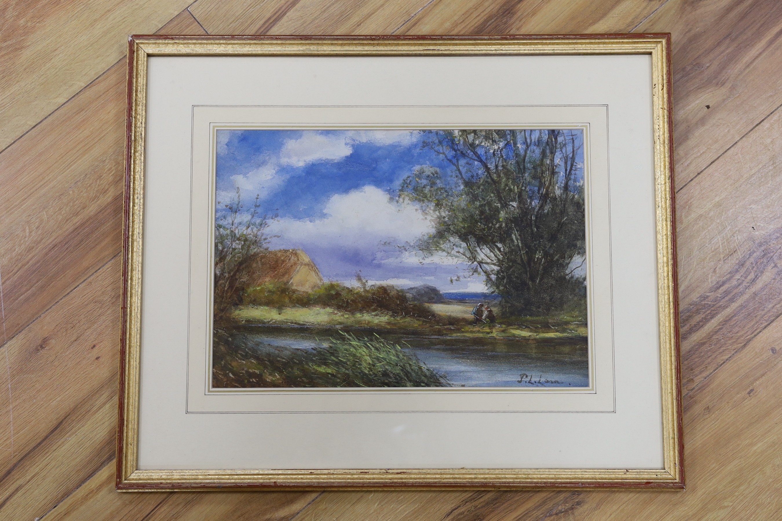 Percy Leslie Lara (b.1871), watercolour, River landscape with anglers, signed, 26 x 37cm